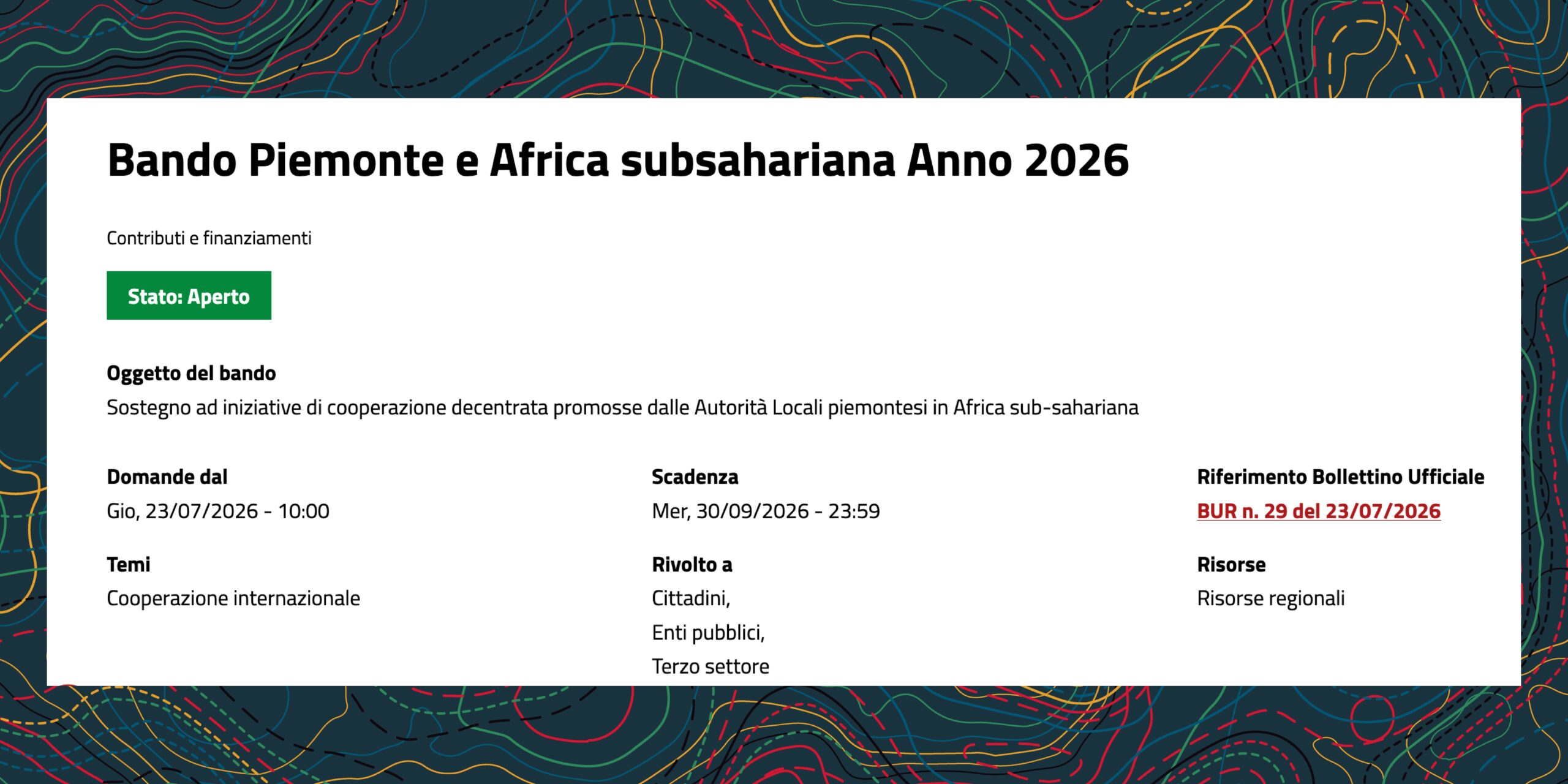 Bando Piemonte e Africa subsahariana Anno 2026
